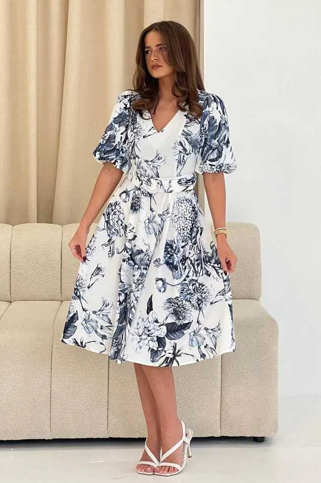 Girl In Mind Midi Dresses Bryn V Neck Puff Sleeve Belted Midi Dress Blue Floral 8211 Women Girl In Mind Midi Dresses Bryn V Neck Puff Sleeve Belted Midi Dress Blue Floral 8211 Women