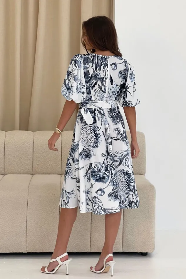 Girl In Mind Midi Dresses Bryn V Neck Puff Sleeve Belted Midi Dress Blue Floral 8211 Women