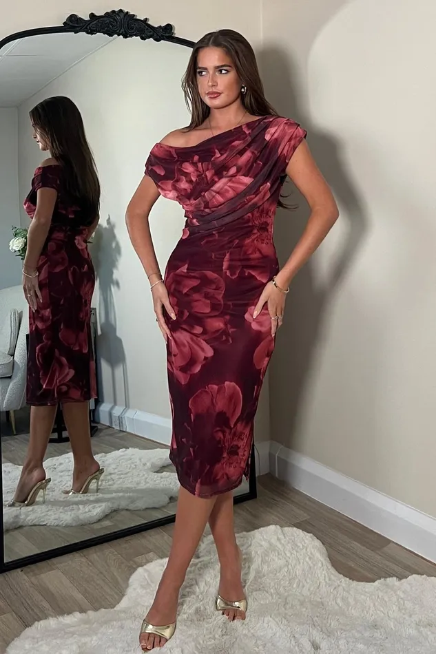 Girl In Mind Midi Dresses Donna Asymmetric Neckline Floral Print Mesh Midi Dress 8211 Women Girl In Mind Midi Dresses Donna Asymmetric Neckline Floral Print Mesh Midi Dress 8211 Women