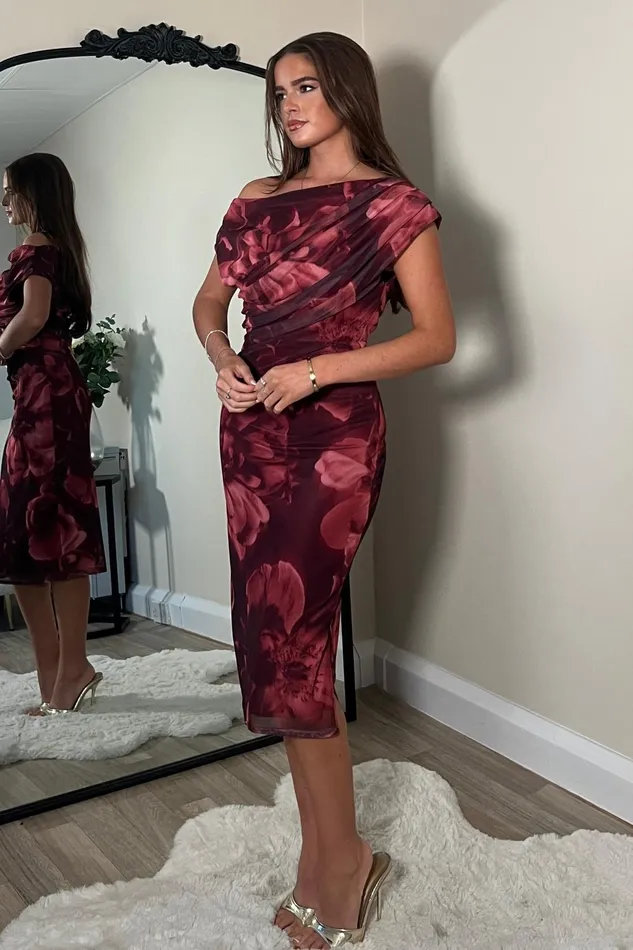 Girl In Mind Midi Dresses Donna Asymmetric Neckline Floral Print Mesh Midi Dress 8211 Women