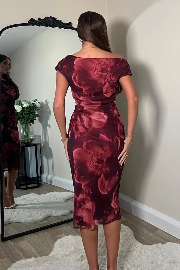 Girl In Mind Midi Dresses Donna Asymmetric Neckline Floral Print Mesh Midi Dress 8211 Women