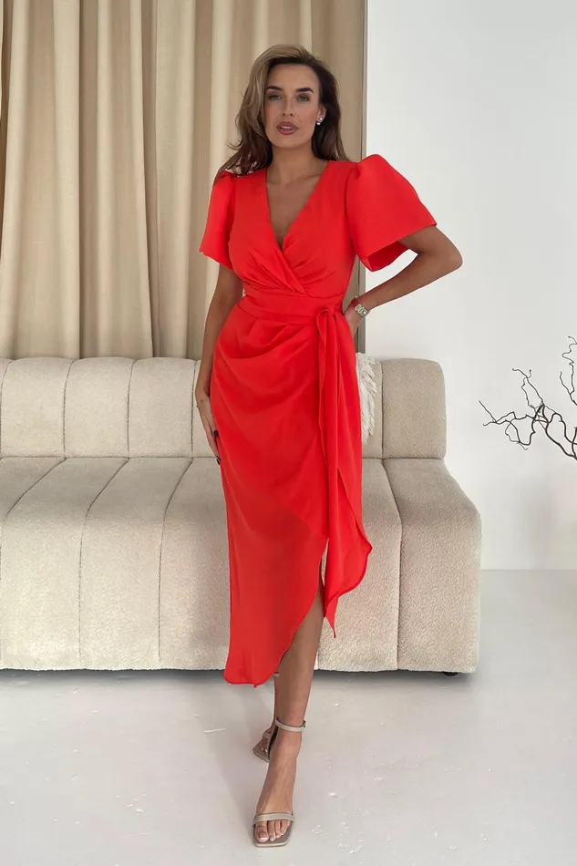 Girl In Mind Midi Dresses Drew Puff Sleeve Wrap Front Midi Dress Orange 8211 Women