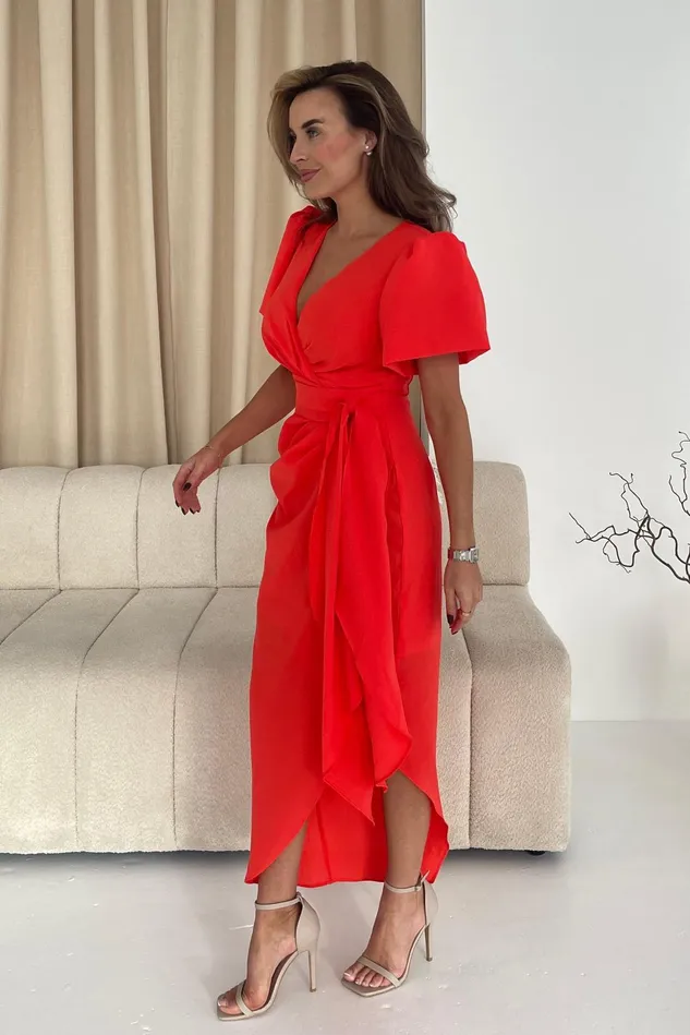 Girl In Mind Midi Dresses Drew Puff Sleeve Wrap Front Midi Dress Orange 8211 Women