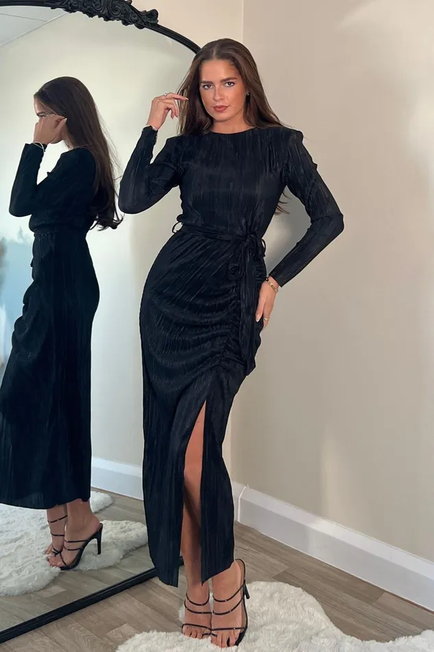 Girl In Mind Midi Dresses Elena Long Sleeve Ruched Seamed Midi Dress Black 8211 Women Girl In Mind Midi Dresses Elena Long Sleeve Ruched Seamed Midi Dress Black 8211 Women