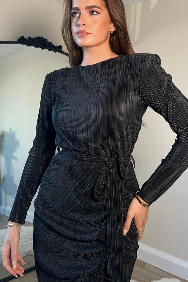 Girl In Mind Midi Dresses Elena Long Sleeve Ruched Seamed Midi Dress Black 8211 Women