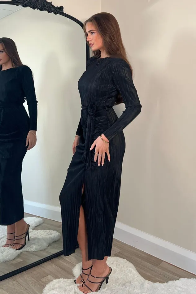 Girl In Mind Midi Dresses Elena Long Sleeve Ruched Seamed Midi Dress Black 8211 Women