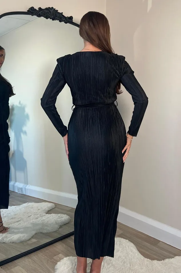 Girl In Mind Midi Dresses Elena Long Sleeve Ruched Seamed Midi Dress Black 8211 Women