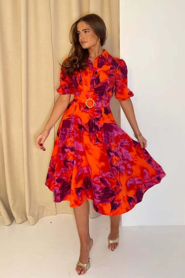 Girl In Mind Midi Dresses Holland Orange and Pink Floral Collar Midi Dress 8211 Women Girl In Mind Midi Dresses Holland Orange and Pink Floral Collar Midi Dress 8211 Women