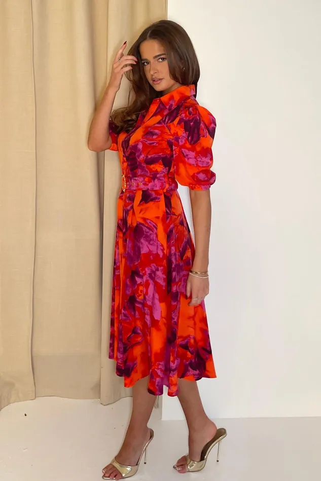 Girl In Mind Midi Dresses Holland Orange and Pink Floral Collar Midi Dress 8211 Women