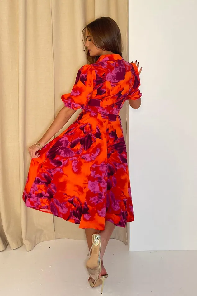 Girl In Mind Midi Dresses Holland Orange and Pink Floral Collar Midi Dress 8211 Women
