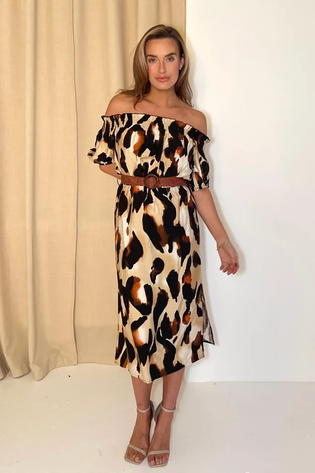 Girl In Mind Midi Dresses Jordana Off The Shoulder Midi Dress Brown Animal 8211 Women Girl In Mind Midi Dresses Jordana Off The Shoulder Midi Dress Brown Animal 8211 Women
