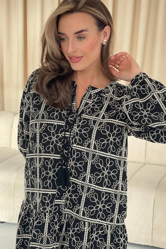 Girl In Mind Mini Dresses Astra Embroidered Button Front Long Sleeve Mini Dress 8211 Women