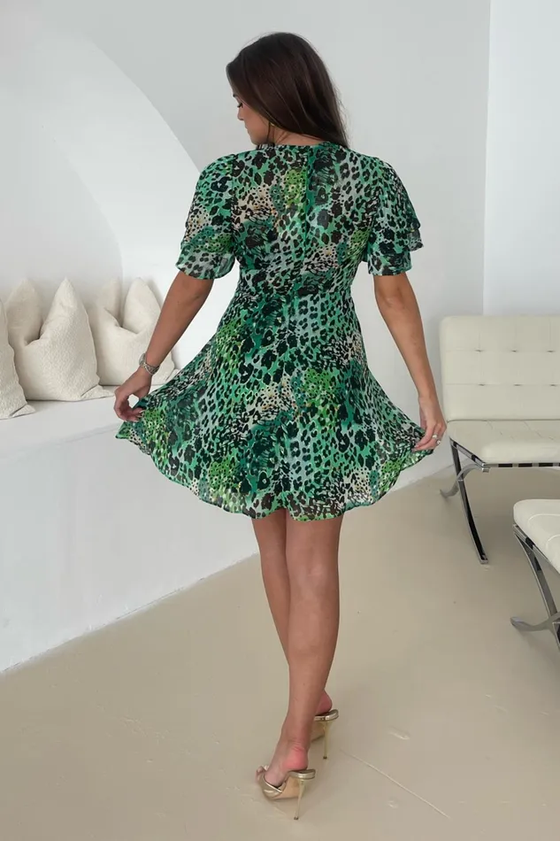 Girl In Mind Mini Dresses Gigi Green Animal Angel Sleeve Skater Mini Dress 8211 Women