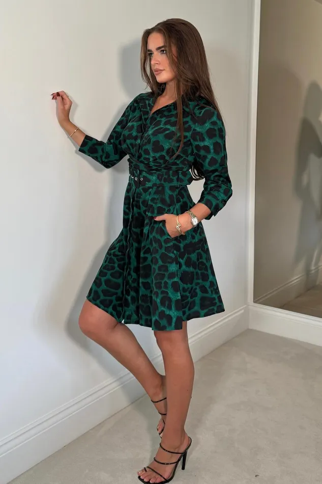 Girl In Mind Mini Dresses Kira Wrap Detail Green Animal Mini Shirt Dress 8211 Women
