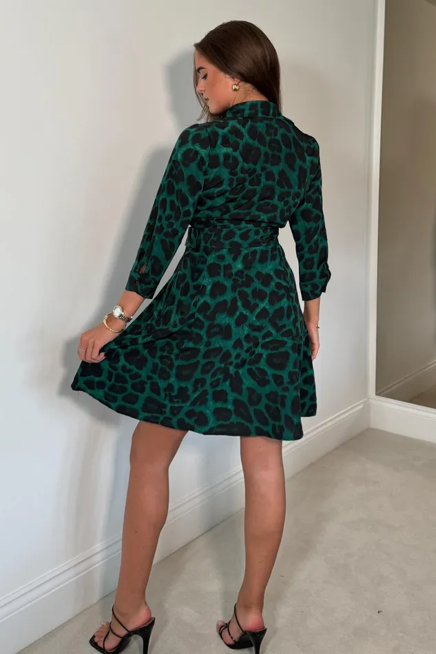 Girl In Mind Mini Dresses Kira Wrap Detail Green Animal Mini Shirt Dress 8211 Women