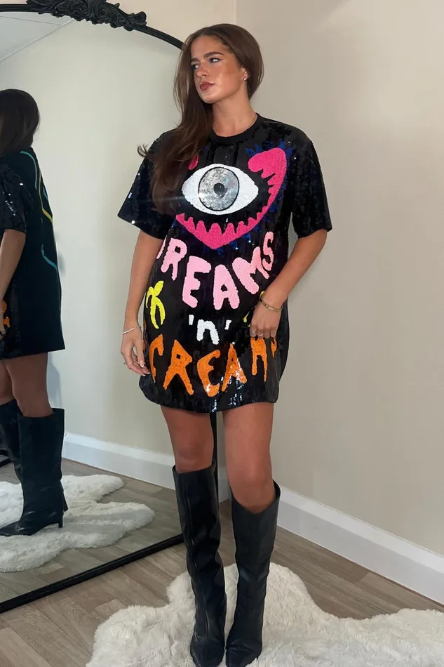 Girl In Mind Mini Dresses Wild Dreams 8211 Black Multi Sequin Mini TShirt Dress 8211 Women Girl In Mind Mini Dresses Wild Dreams 8211 Black Multi Sequin Mini TShirt Dress 8211 Women