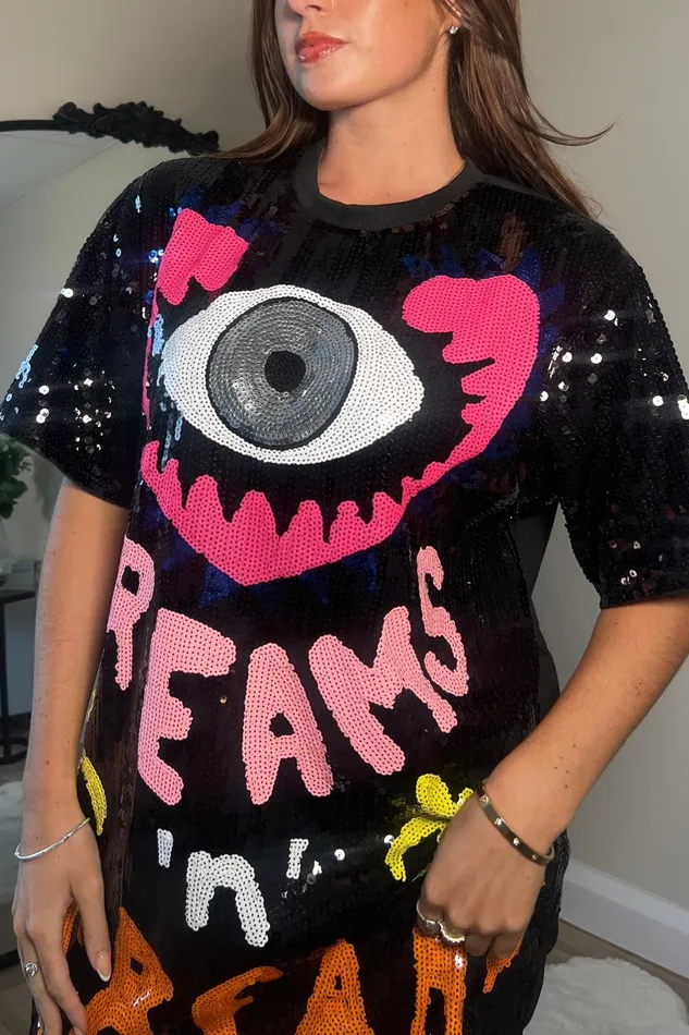 Girl In Mind Mini Dresses Wild Dreams 8211 Black Multi Sequin Mini TShirt Dress 8211 Women