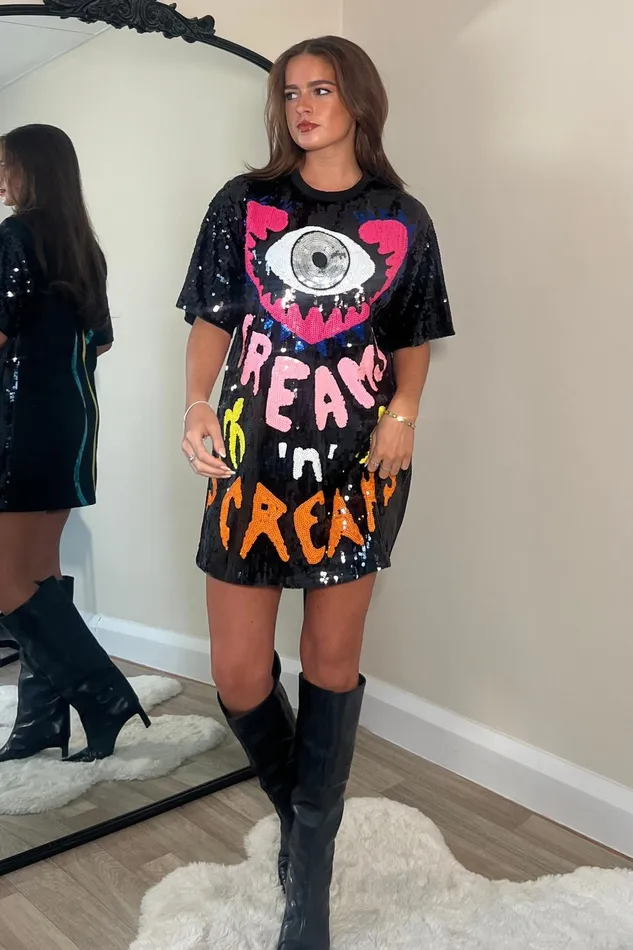 Girl In Mind Mini Dresses Wild Dreams 8211 Black Multi Sequin Mini TShirt Dress 8211 Women