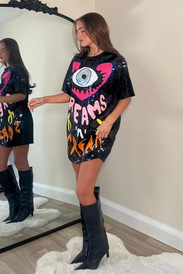 Girl In Mind Mini Dresses Wild Dreams 8211 Black Multi Sequin Mini TShirt Dress 8211 Women