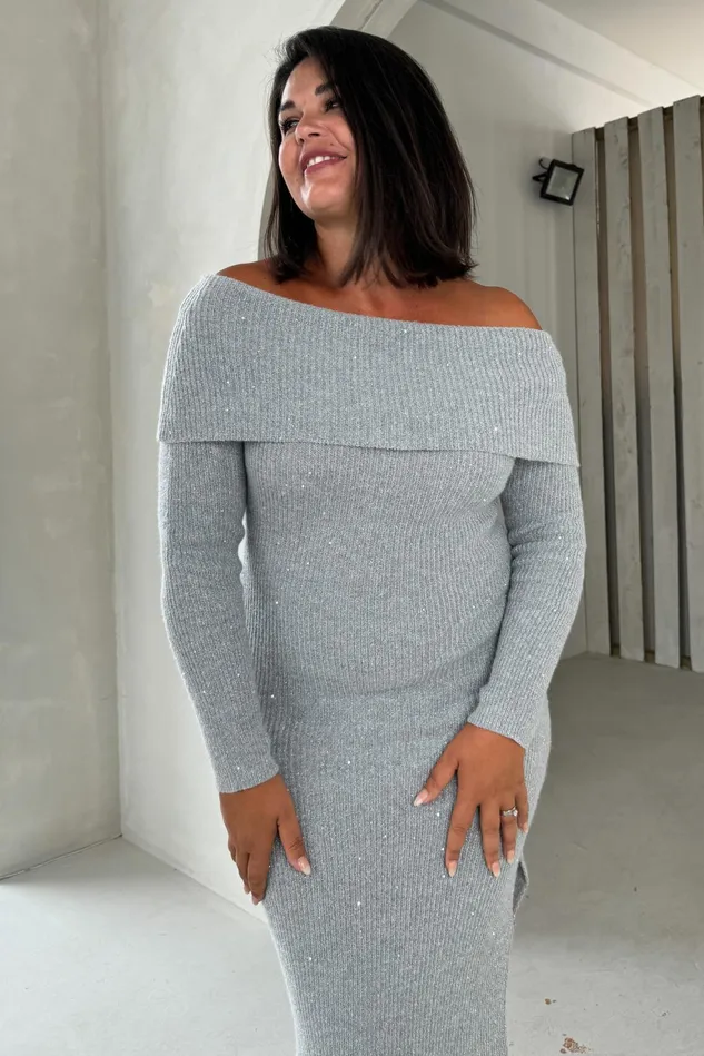 Girl In Mind Sequin Dresses Brea Knitted Sequin Bardot Midi Dress Grey 8211 Women