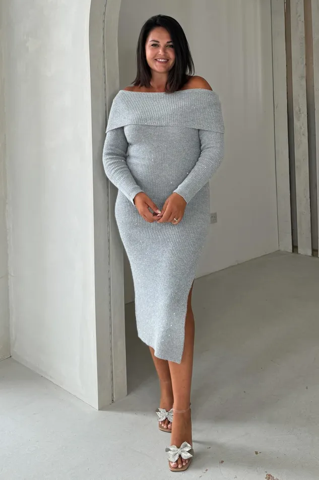 Girl In Mind Sequin Dresses Brea Knitted Sequin Bardot Midi Dress Grey 8211 Women