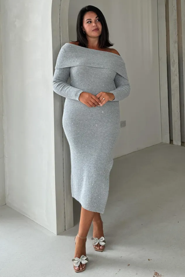 Girl In Mind Sequin Dresses Brea Knitted Sequin Bardot Midi Dress Grey 8211 Women