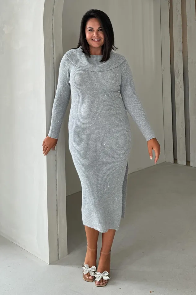Girl In Mind Sequin Dresses Brea Knitted Sequin Bardot Midi Dress Grey 8211 Women
