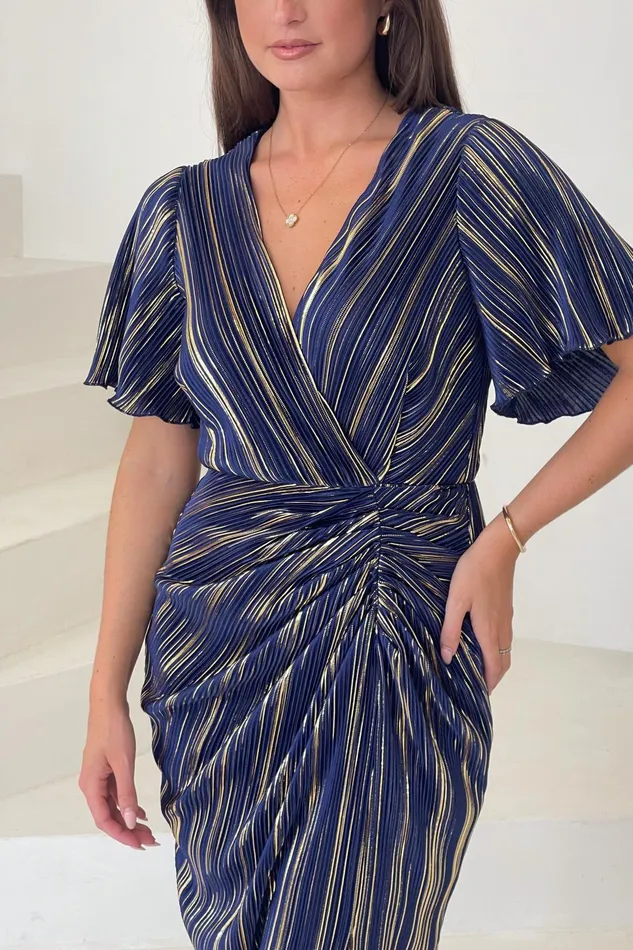 Girl In Mind Sequin Dresses Isla Navy And Gold Plisse Wrap Front Dress 8211 Women