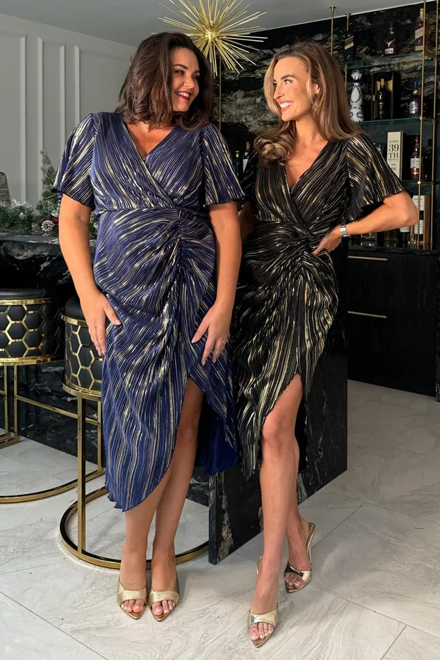 Girl In Mind Sequin Dresses Isla Navy And Gold Plisse Wrap Front Dress 8211 Women