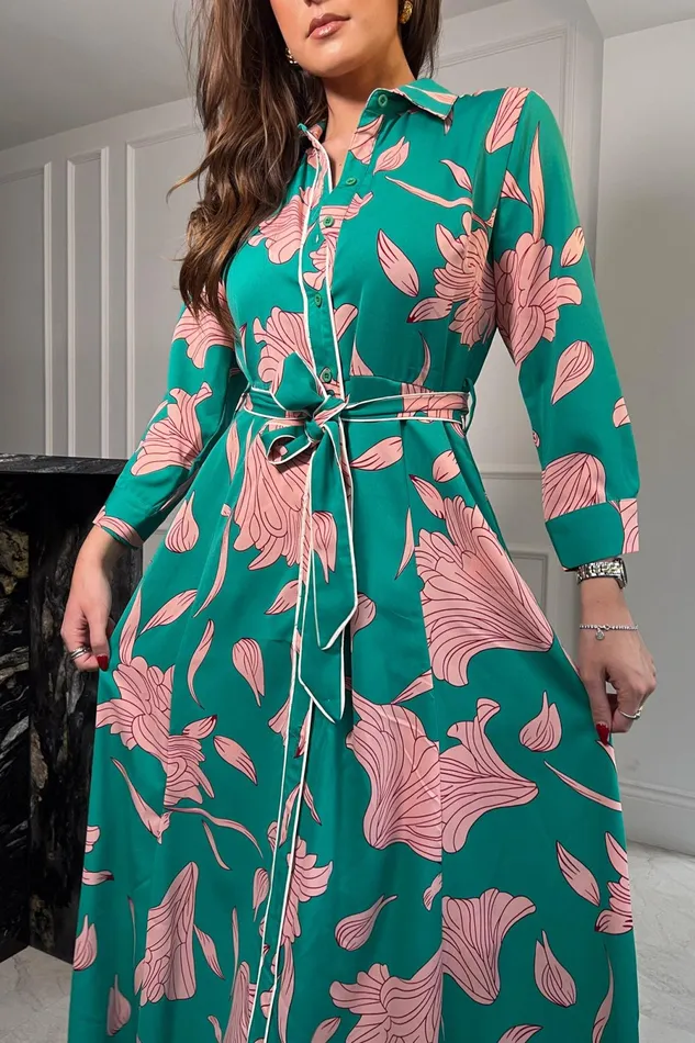 Girl In Mind Shirt Dresses Angela Green And Pink Floral Midi Shirt Dress 8211 Women