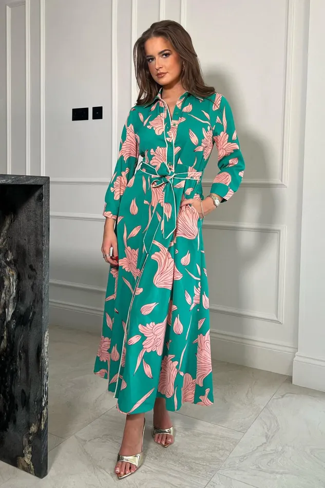 Girl In Mind Shirt Dresses Angela Green And Pink Floral Midi Shirt Dress 8211 Women