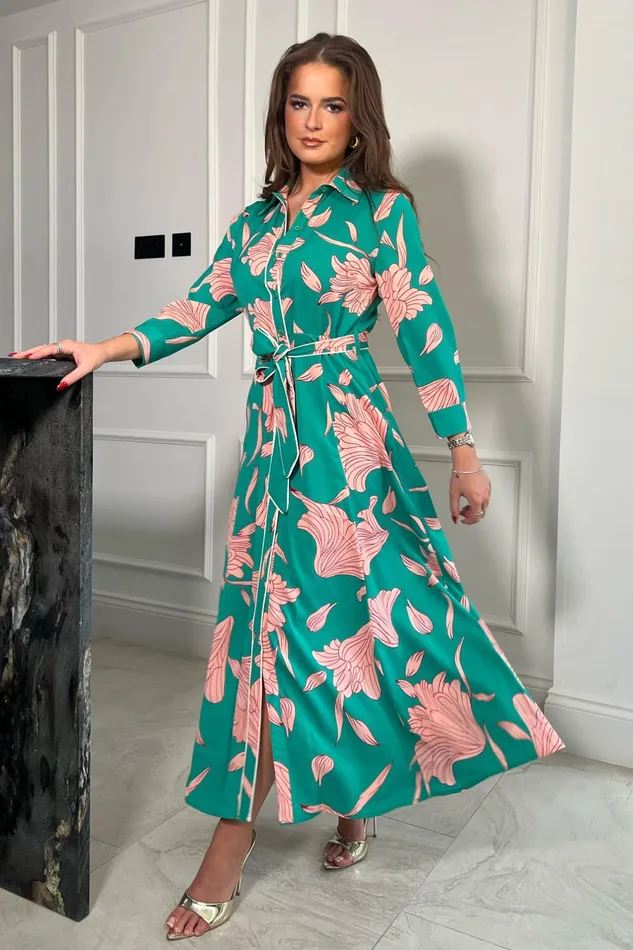 Girl In Mind Shirt Dresses Angela Green And Pink Floral Midi Shirt Dress 8211 Women
