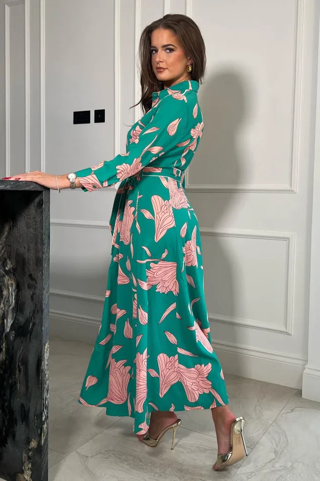 Girl In Mind Shirt Dresses Angela Green And Pink Floral Midi Shirt Dress 8211 Women
