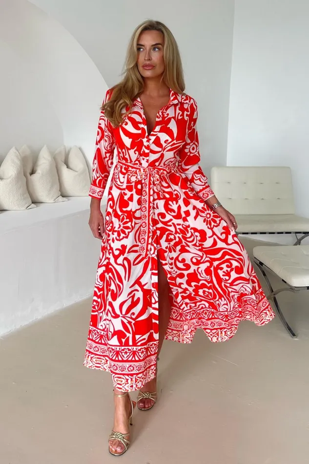 Girl In Mind Shirt Dresses Angela Red Print Shirt Maxi Dress 8211 Women