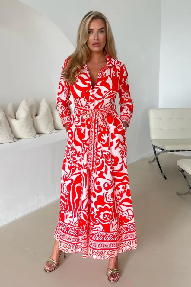 Girl In Mind Shirt Dresses Angela Red Print Shirt Maxi Dress 8211 Women