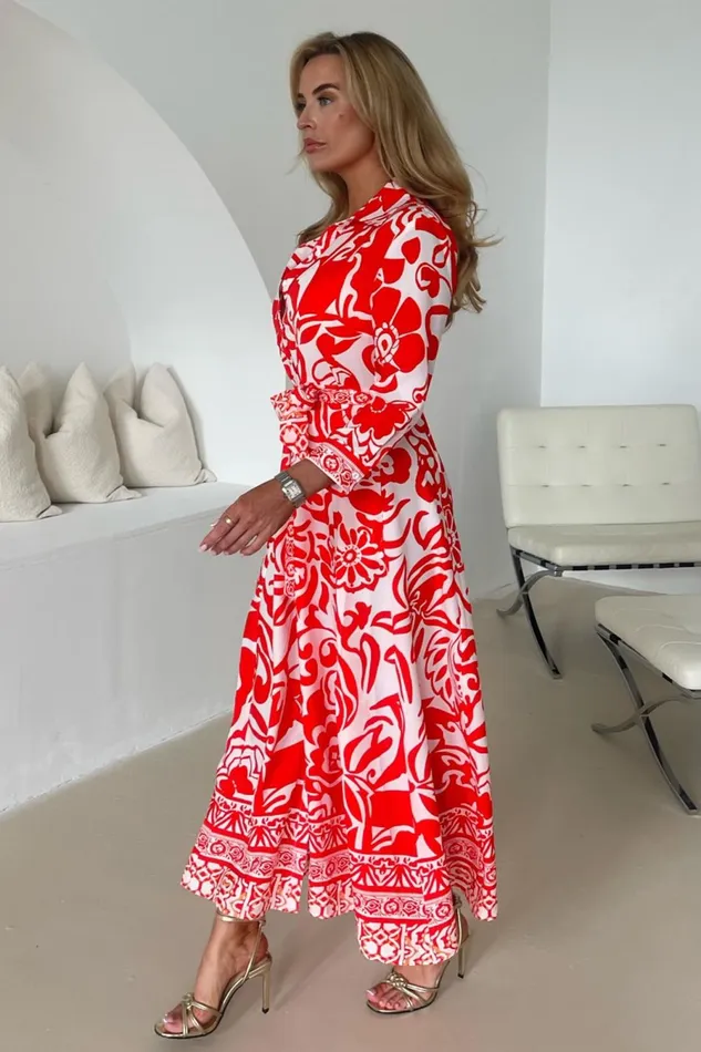 Girl In Mind Shirt Dresses Angela Red Print Shirt Maxi Dress 8211 Women