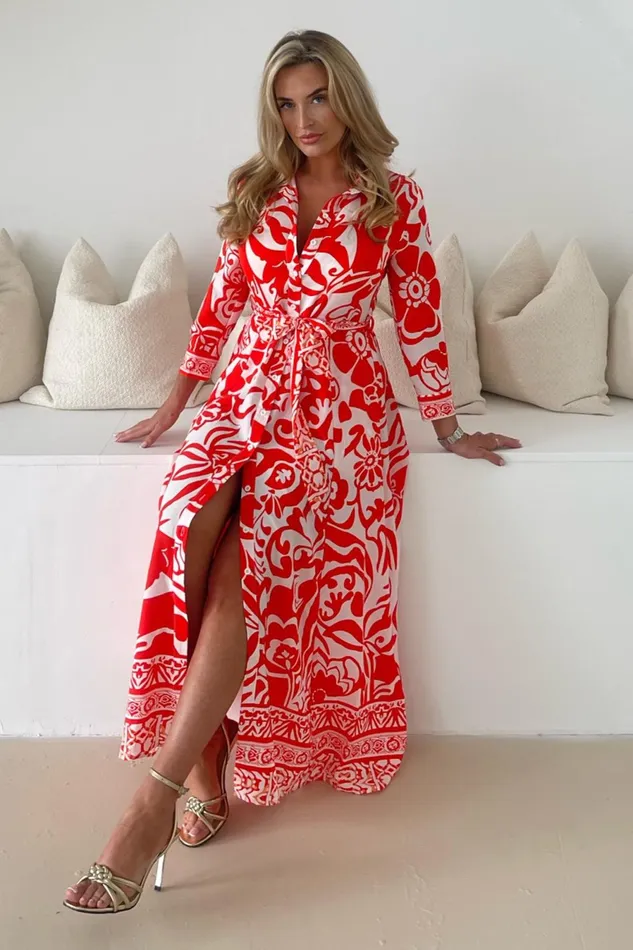 Girl In Mind Shirt Dresses Angela Red Print Shirt Maxi Dress 8211 Women