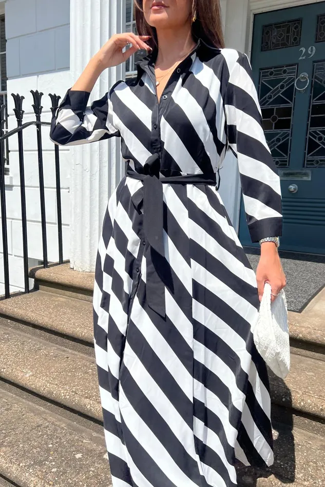 Girl In Mind Shirt Dresses Brielle Black White Stripe Shirt Maxi Dress 8211 Women