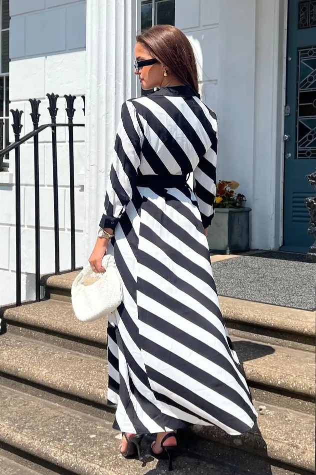 Girl In Mind Shirt Dresses Brielle Black White Stripe Shirt Maxi Dress 8211 Women