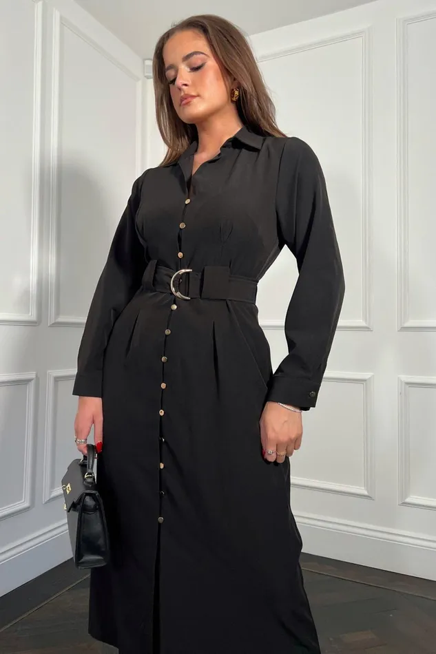 Girl In Mind Shirt Dresses Grace Buckle Detail Black Midi Shirt Dress 8211 Women