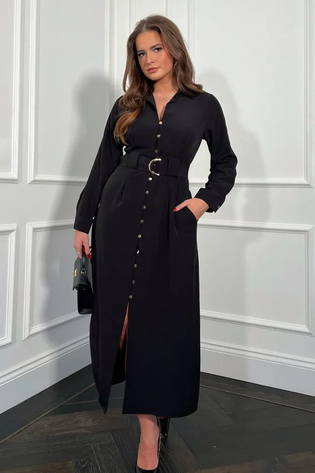 Girl In Mind Shirt Dresses Grace Buckle Detail Black Midi Shirt Dress 8211 Women
