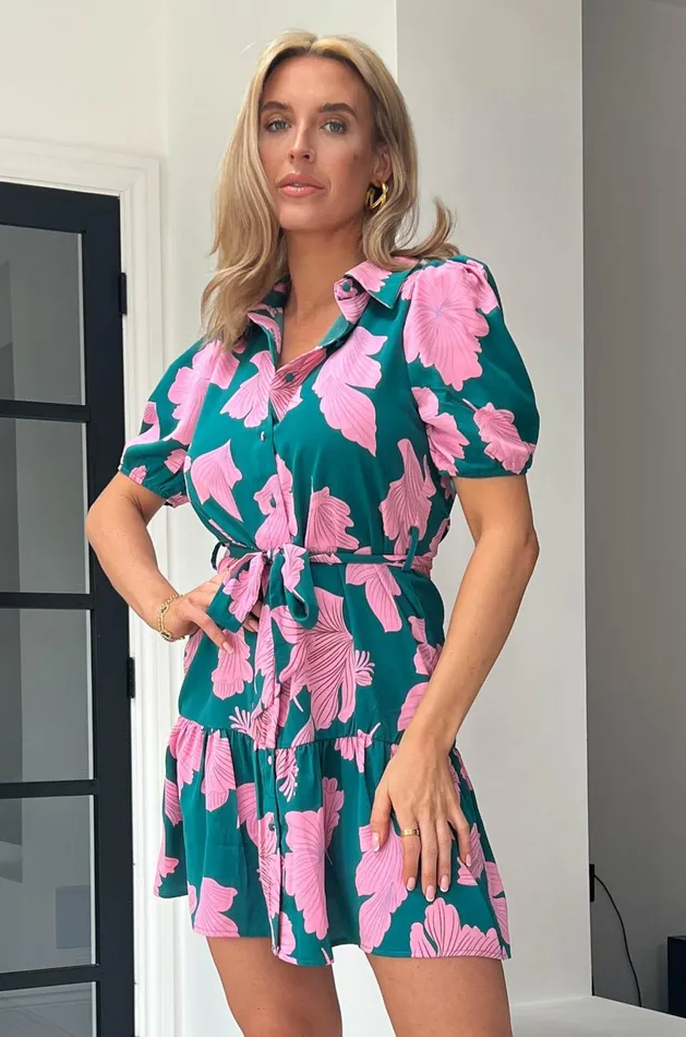 Girl In Mind Skater Dresses Naomi Green and Pink Floral Mini Shirt Dress 8211 Women Girl In Mind Skater Dresses Naomi Green and Pink Floral Mini Shirt Dress 8211 Women