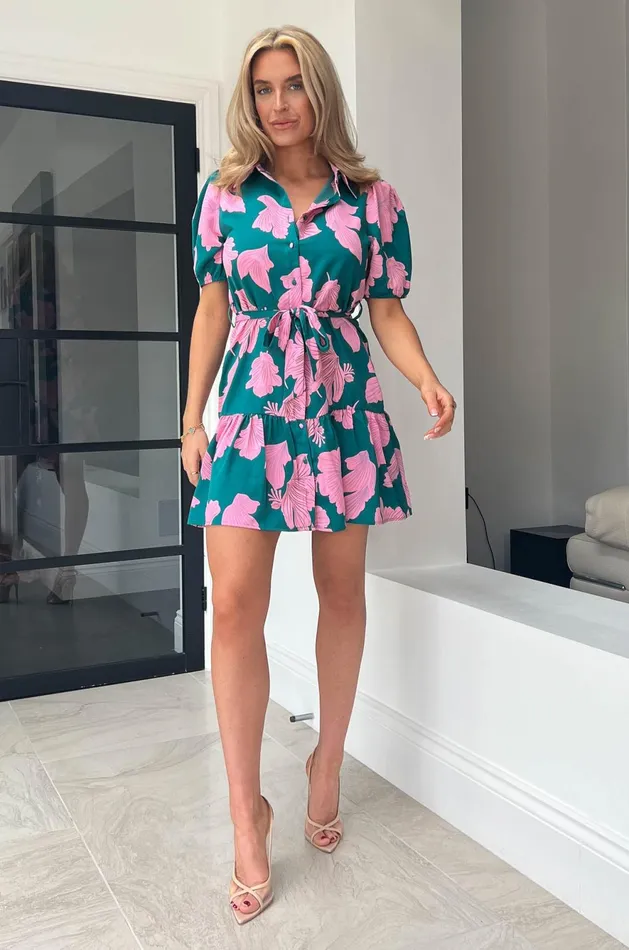 Girl In Mind Skater Dresses Naomi Green and Pink Floral Mini Shirt Dress 8211 Women