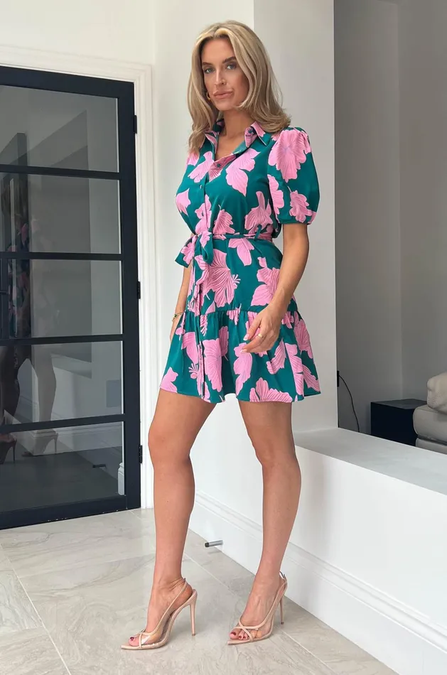 Girl In Mind Skater Dresses Naomi Green and Pink Floral Mini Shirt Dress 8211 Women