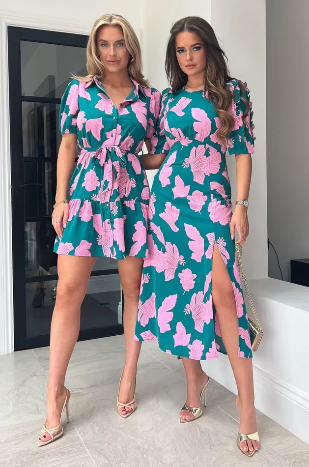 Girl In Mind Skater Dresses Naomi Green and Pink Floral Mini Shirt Dress 8211 Women