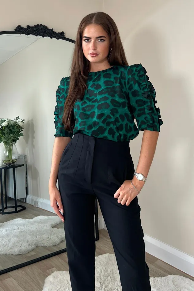 Girl In Mind Tops and Bodysuits Asher Green Animal Frill Sleeve Top 8211 Women