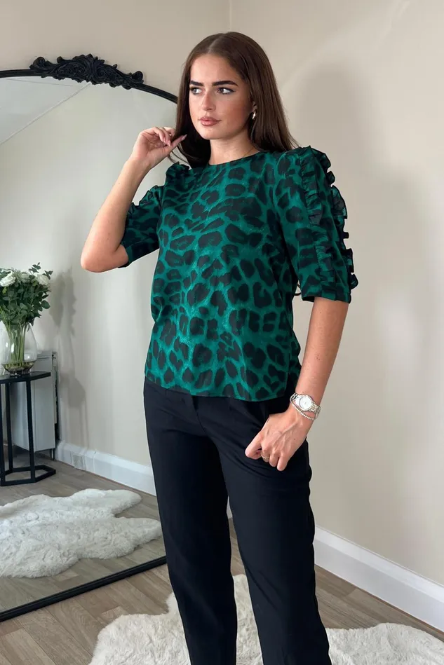 Girl In Mind Tops and Bodysuits Asher Green Animal Frill Sleeve Top 8211 Women