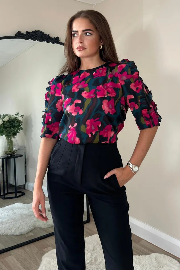 Girl In Mind Tops and Bodysuits Asher Pink Floral Frill Sleeve Top 8211 Women