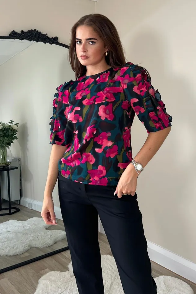 Girl In Mind Tops and Bodysuits Asher Pink Floral Frill Sleeve Top 8211 Women