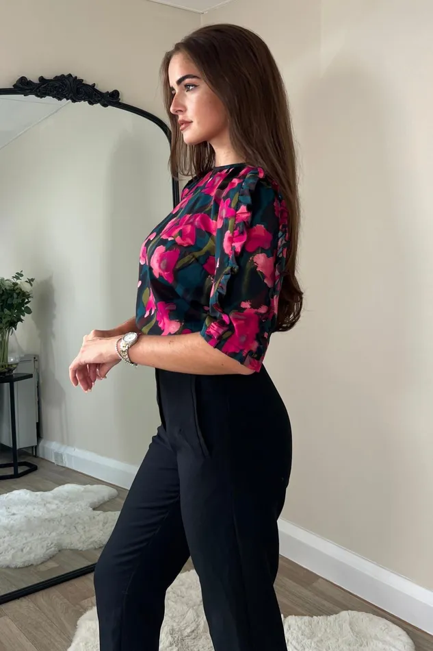 Girl In Mind Tops and Bodysuits Asher Pink Floral Frill Sleeve Top 8211 Women